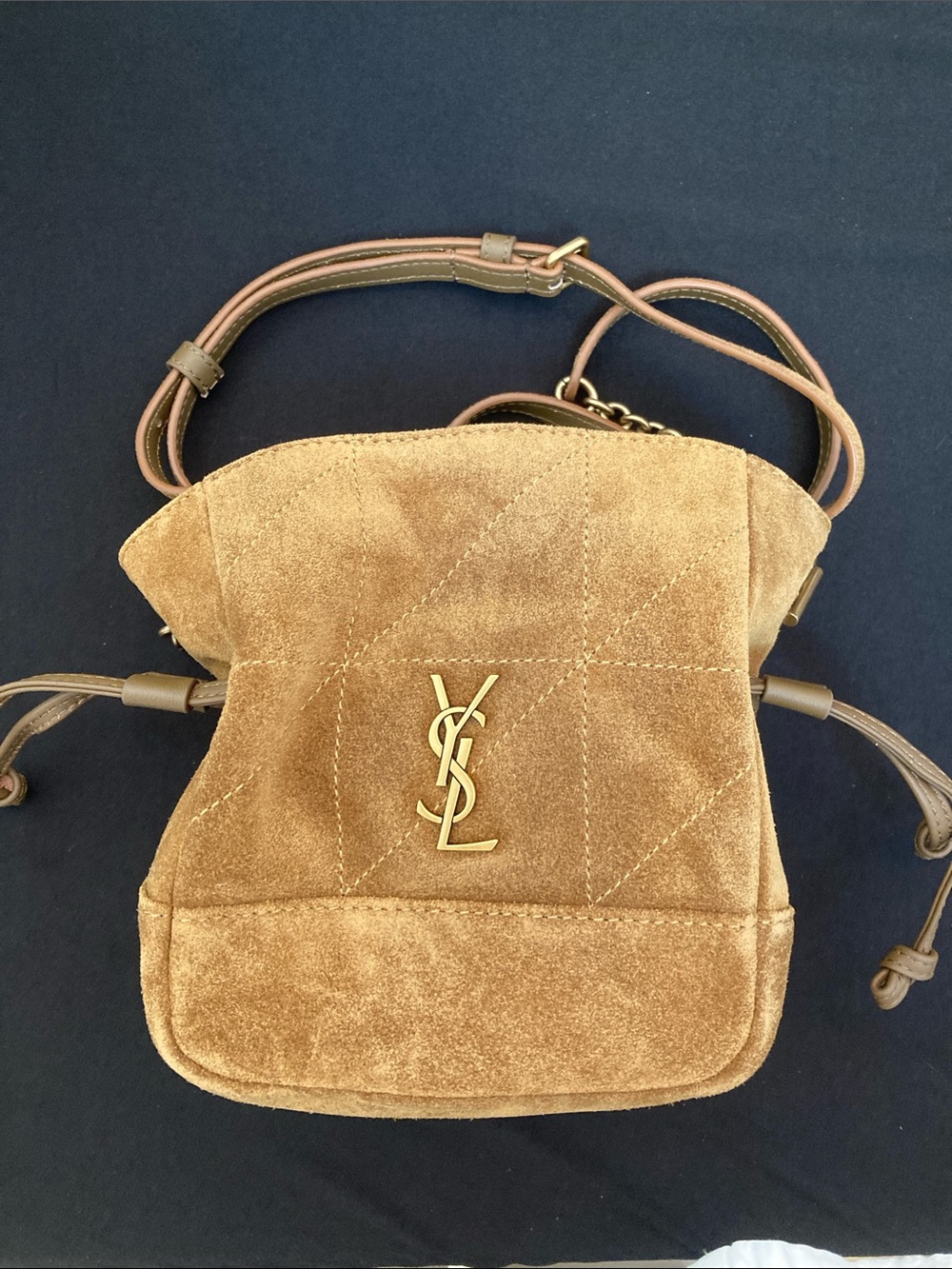 Saint Laurent Tan Suede Quilted Drawstring Mini Bag with Gold YSL